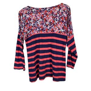 Anthropologie 9-H15 STCL Women's Size L Blue Red Striped Floral 3/4 Sleeve Top *